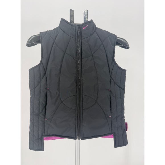 Nike Other - Nike Kids Quilted Puffer Vest Black Pink Logo Zip Up Sleeveless Jacket Size L